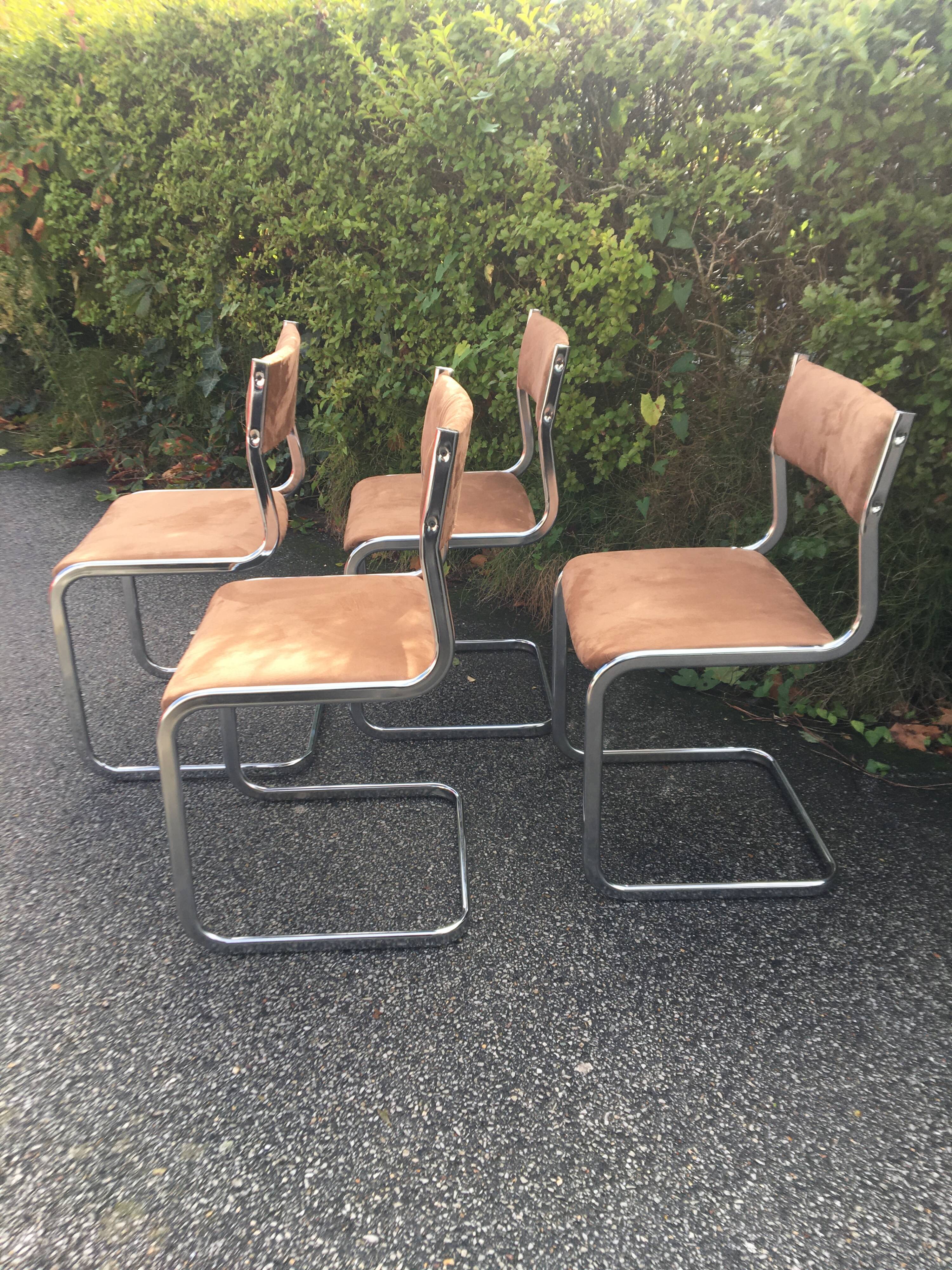 4  chrome steel chairs velvet tobacco 1970