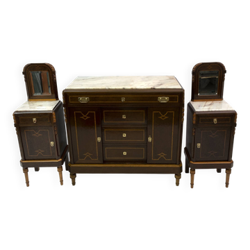 Table de chevet Liberty italienne en thuya et marbre rose du Portugal
