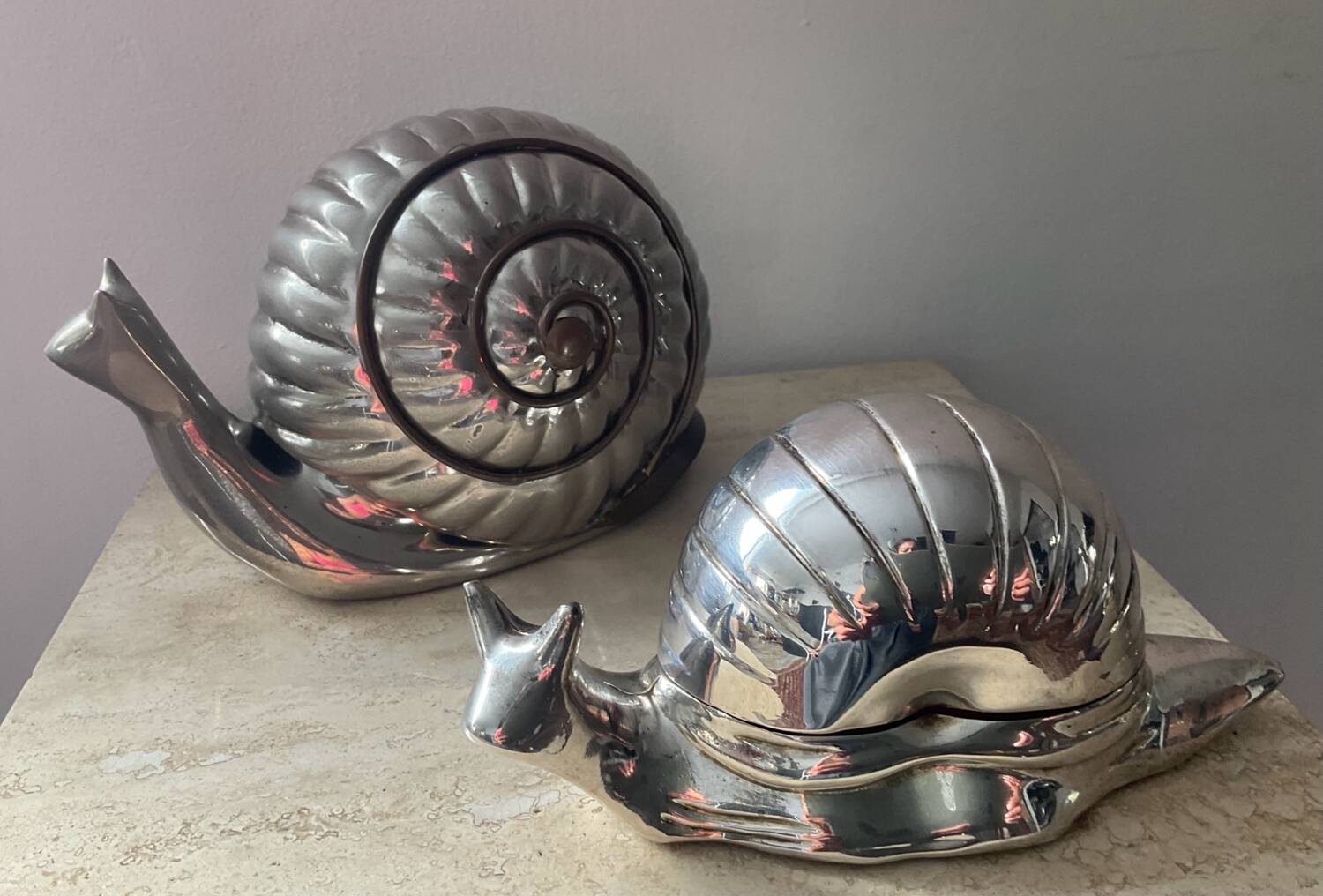 Duo vintage snail jewelry boxes in silver metal