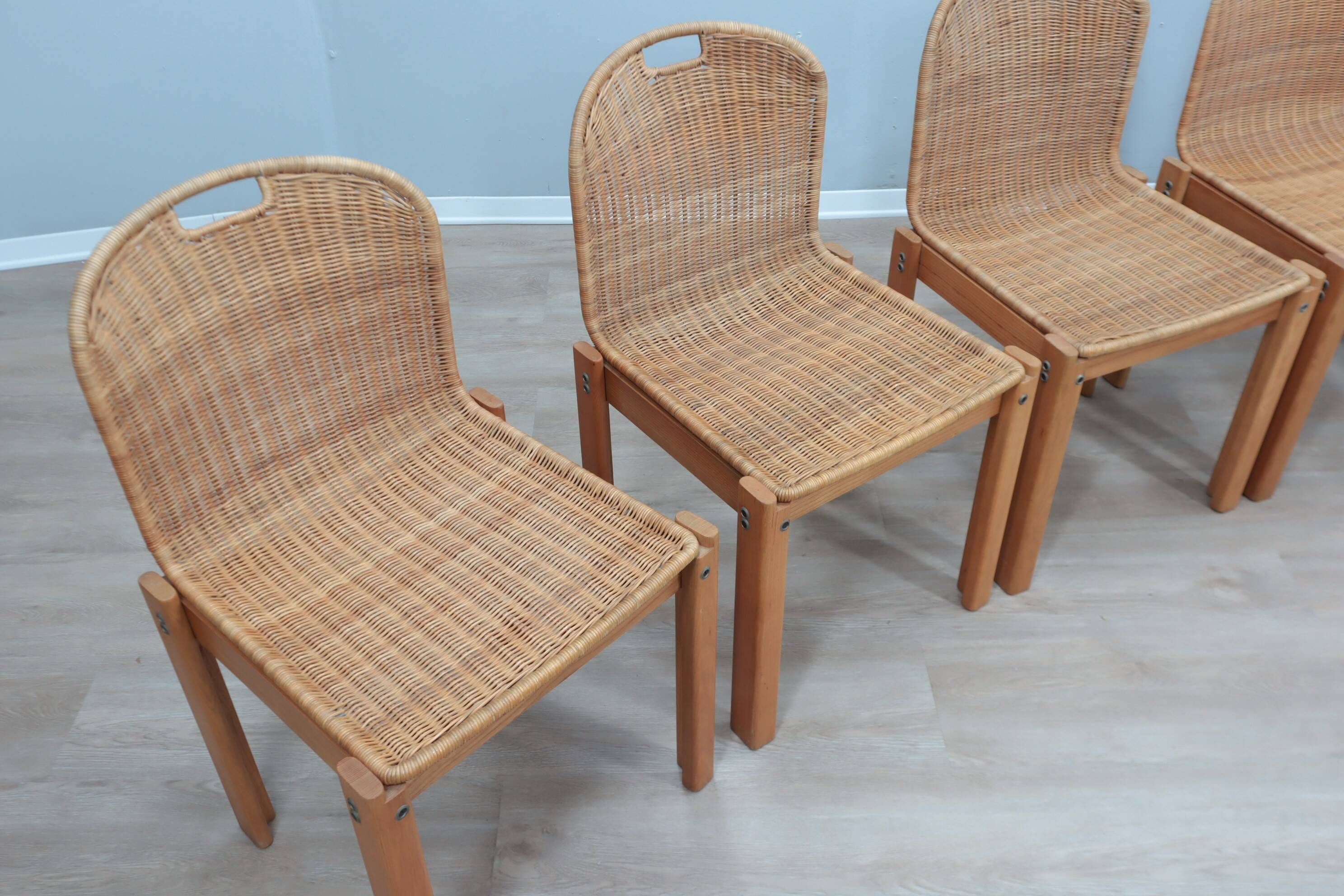 Chaises courbées en osier et bois années 1970, lot de 6
