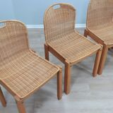 Curved wicker and wood chairs 1970s, set of 6