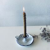 Antique candle holder in white and blue enamelled metal