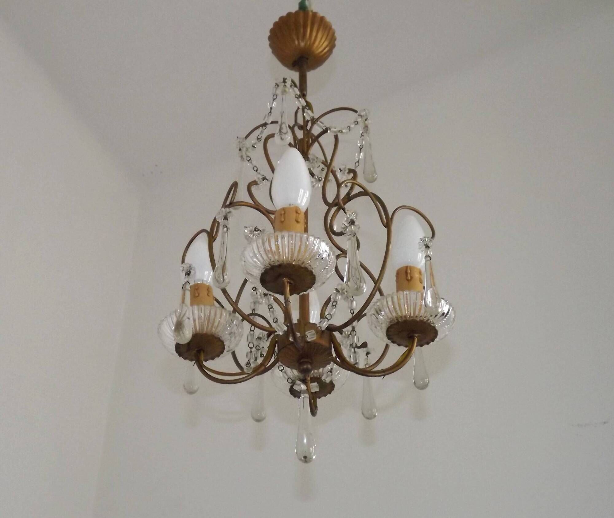 Vintage French 4 Arm Gilded Metal Cage Chandelier Beads Clear Murano Drops
