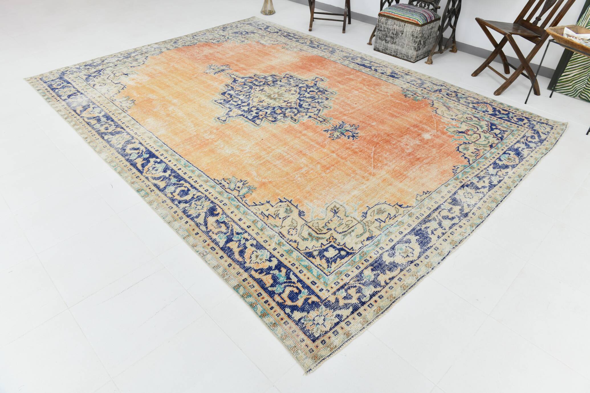 Blue Orange 250x350 cm Carpet, Vintage Large Rug, Turkish Antique Rug.