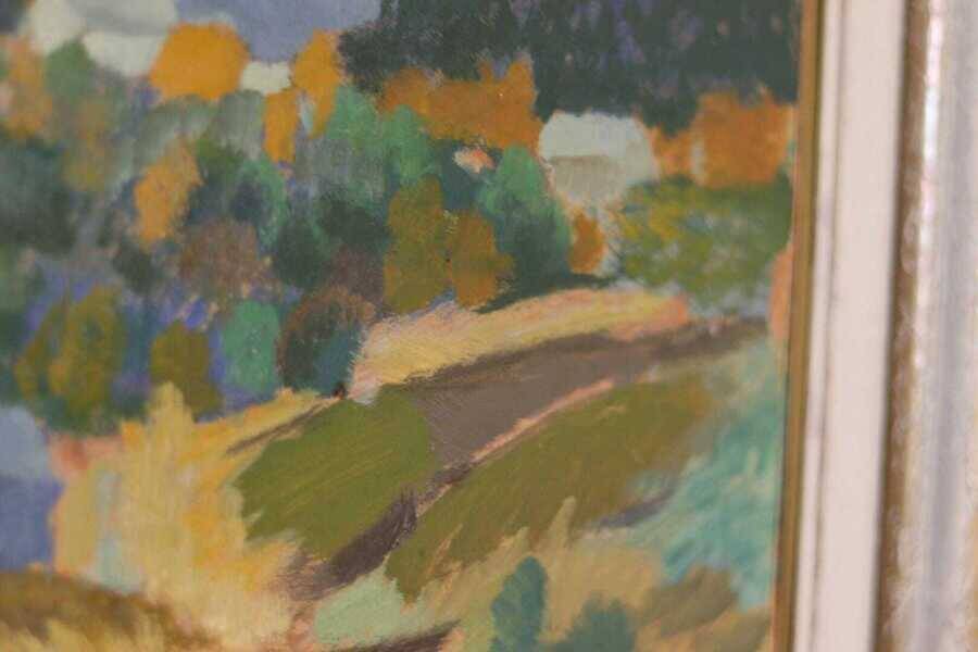 Original mid-century Swedish oil on panel – “Landscape with House” – vintage & framed – 42 × 52 cm (16.5" × 20.5")