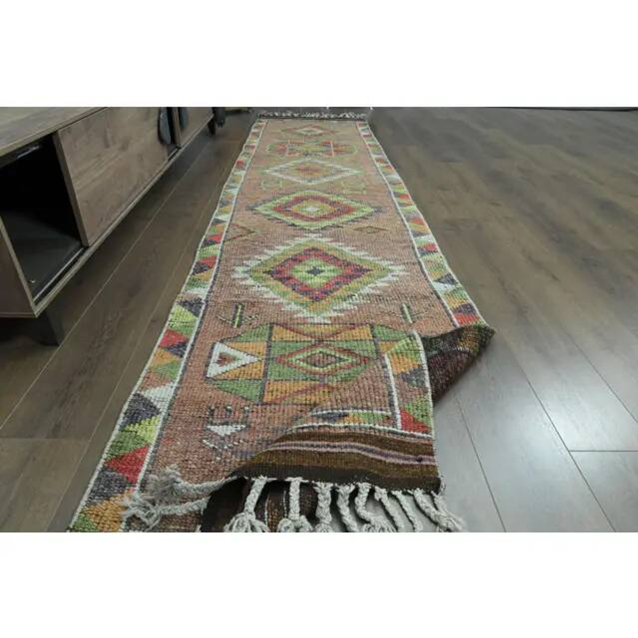 1970s Vintage Turkish Oushak Handmade Wool Cotton Orange Runner Rug 85x358