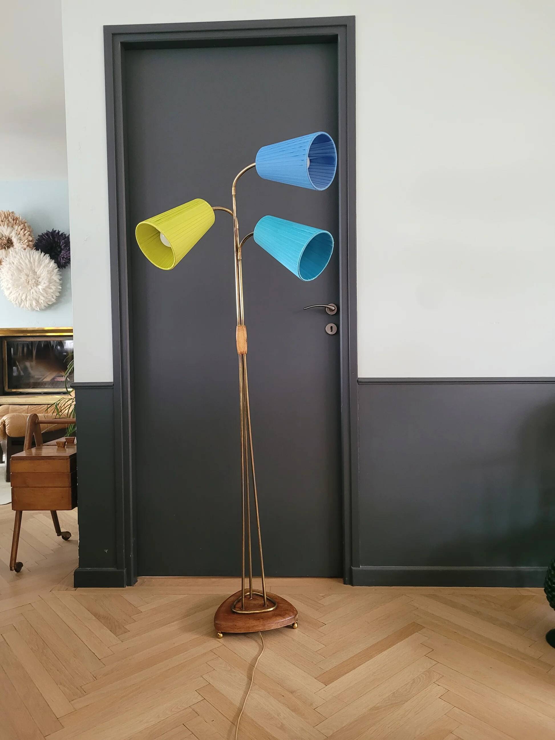 1950s three-light floor lamp with coloured shades