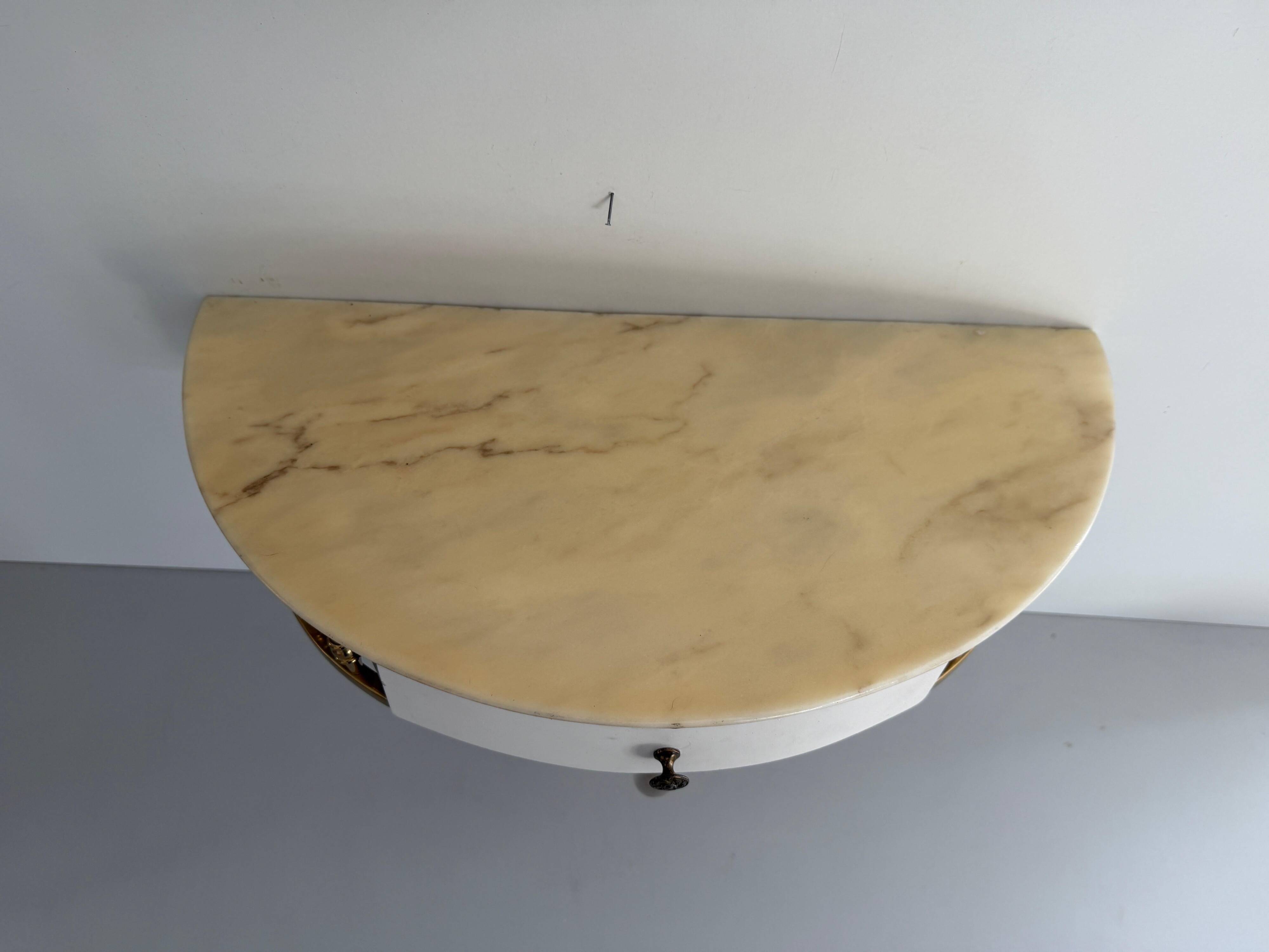 Floating wall console with drawer, brass body and marble top, 1960s, Italy