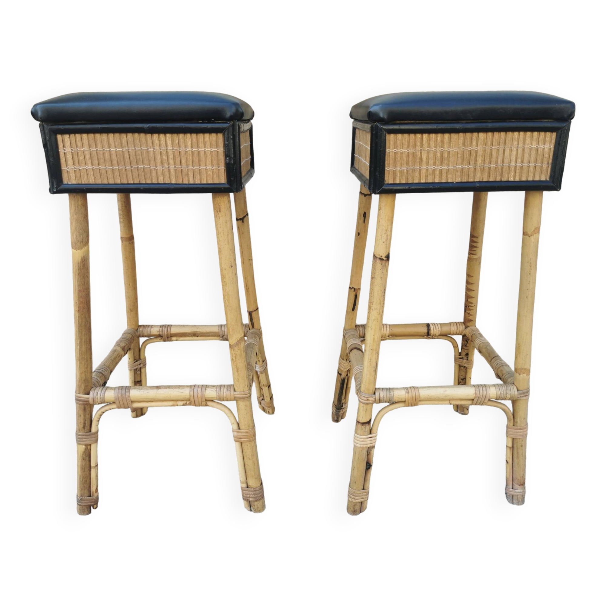 Pair of vintage bamboo stools from the 70s