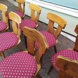 Set of 10 wooden bistro chairs with vintage cushions from the 70s/80s/90s