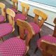Set of 10 wooden bistro chairs with vintage cushions from the 70s/80s/90s