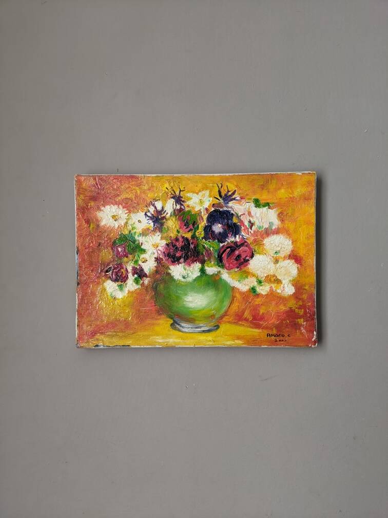 Acrylic on canvas, old painting, vintage still life, country decoration