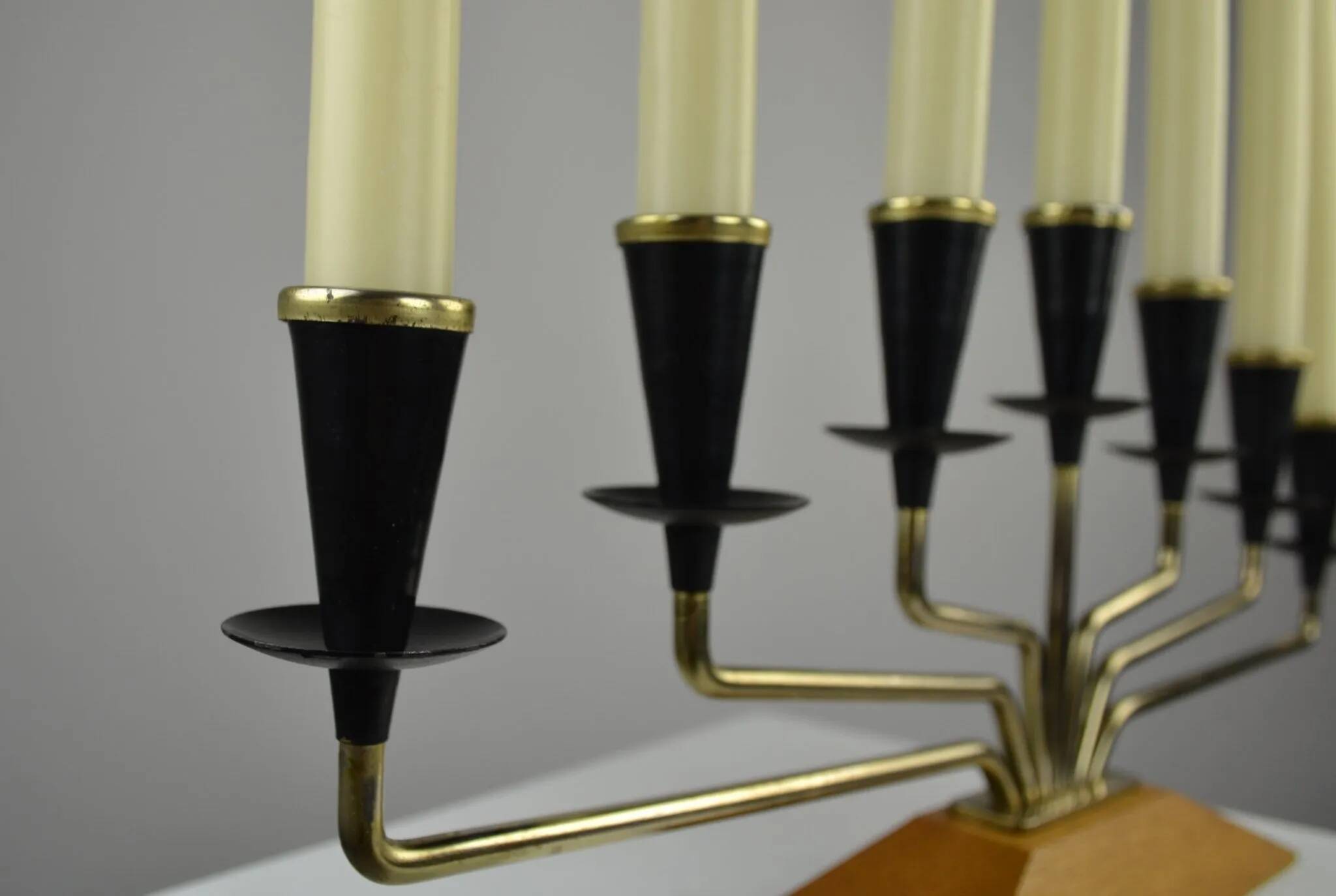 Brass, Black Painted Metal and Teak Candelabra by Gunnar Ander for Ystad-Metall, Sweden, 1960s
