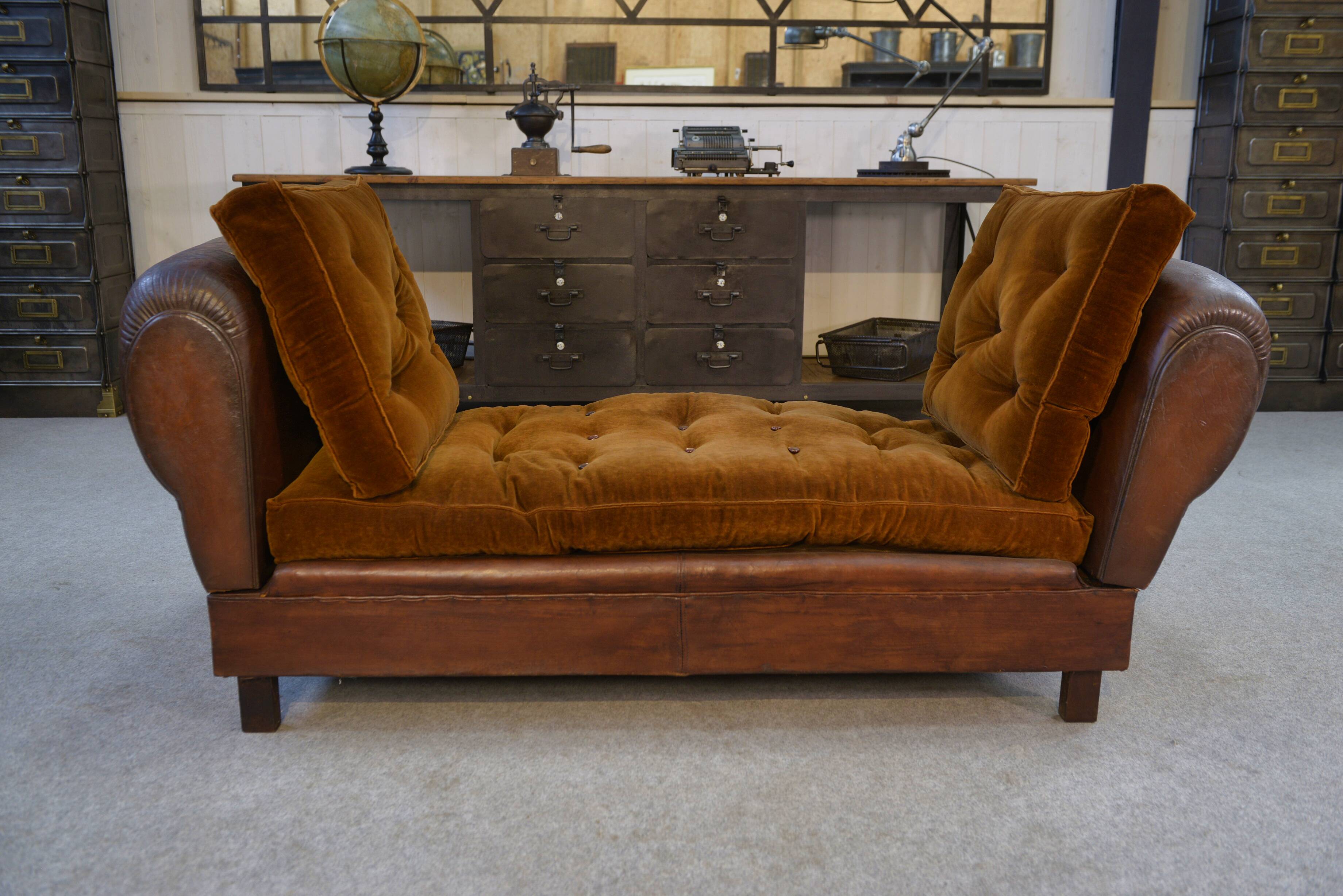 1920s convertible leather club bench with velvet seats