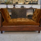 1920s convertible leather club bench with velvet seats