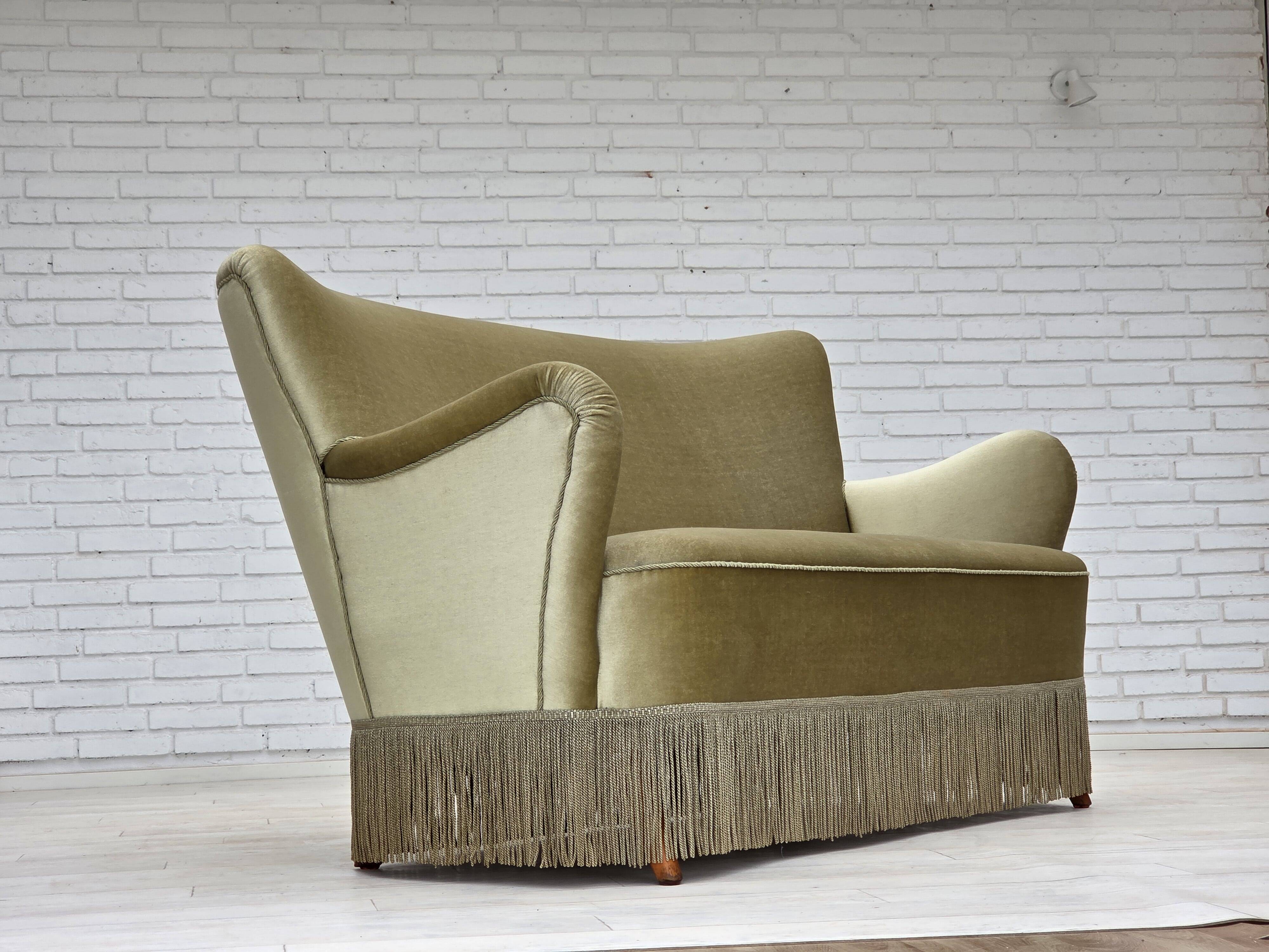 1960s, Danish 2-seater sofa, green furniture velour, beech wood legs.