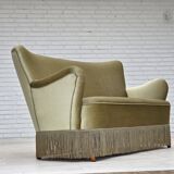 1960s, Danish 2-seater sofa, green furniture velour, beech wood legs.