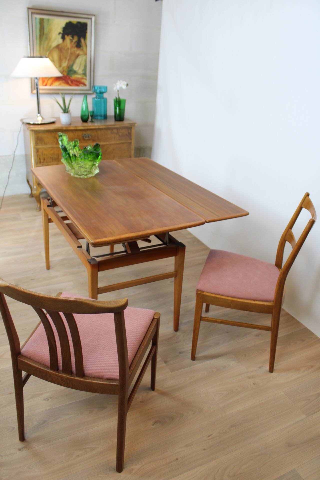 Chaise teck vintage velour rose danemark
