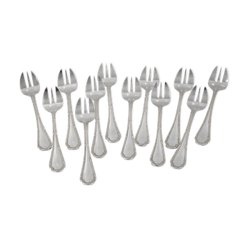 12 fourchettes à huitres en métal argenté Ercuis Trianon, Rubans