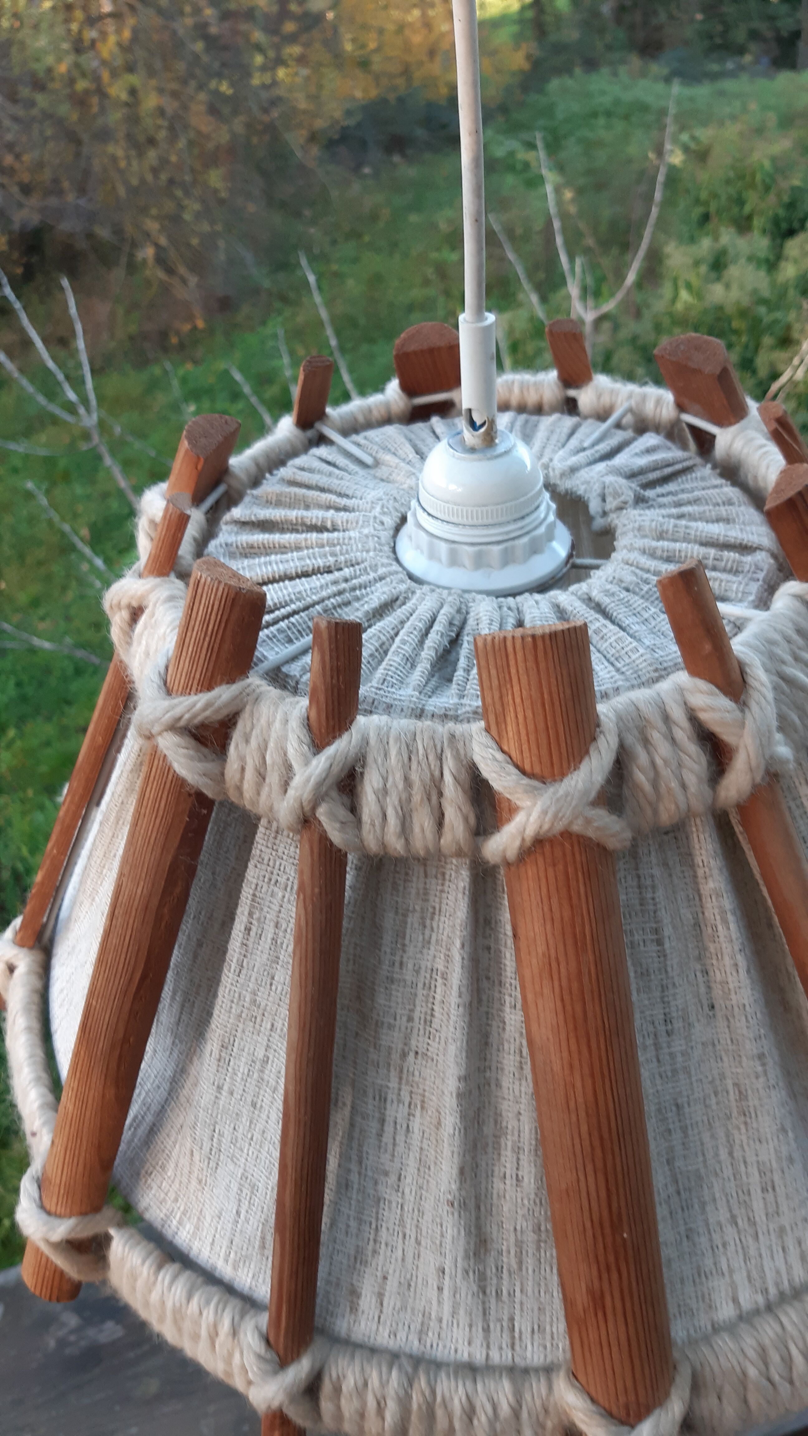 Vintage wood and wool pendant lamp