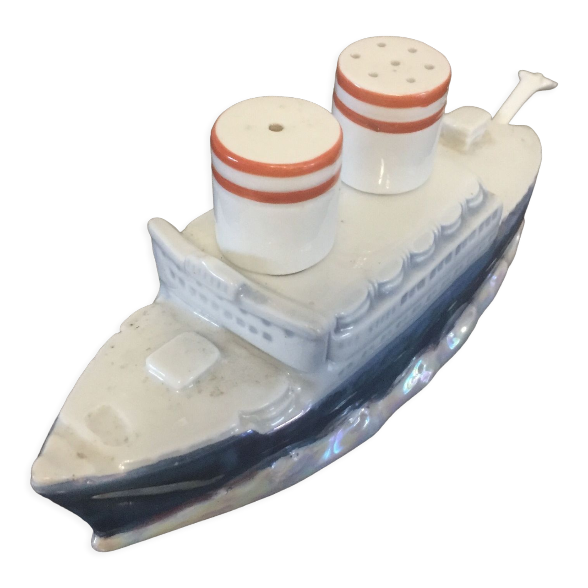 Service condiments à paquebot, sel, poivre, moutarde, porcelaine irisée, vintage