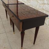2 Bedside tables typical of the 50s in mahogany-colored varnished wood.