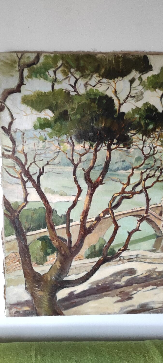 Painting The Avignon Bridge impressionist landscape Oil on canvas 30s 40s