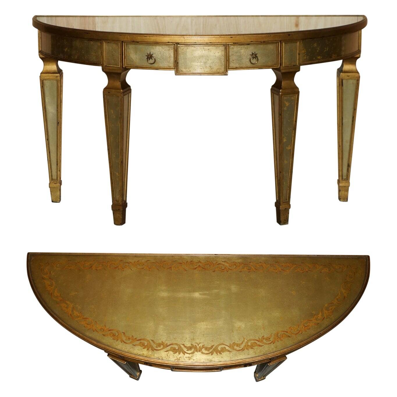 Console demi-lune Eglomise Theodore Alexander finition dorée