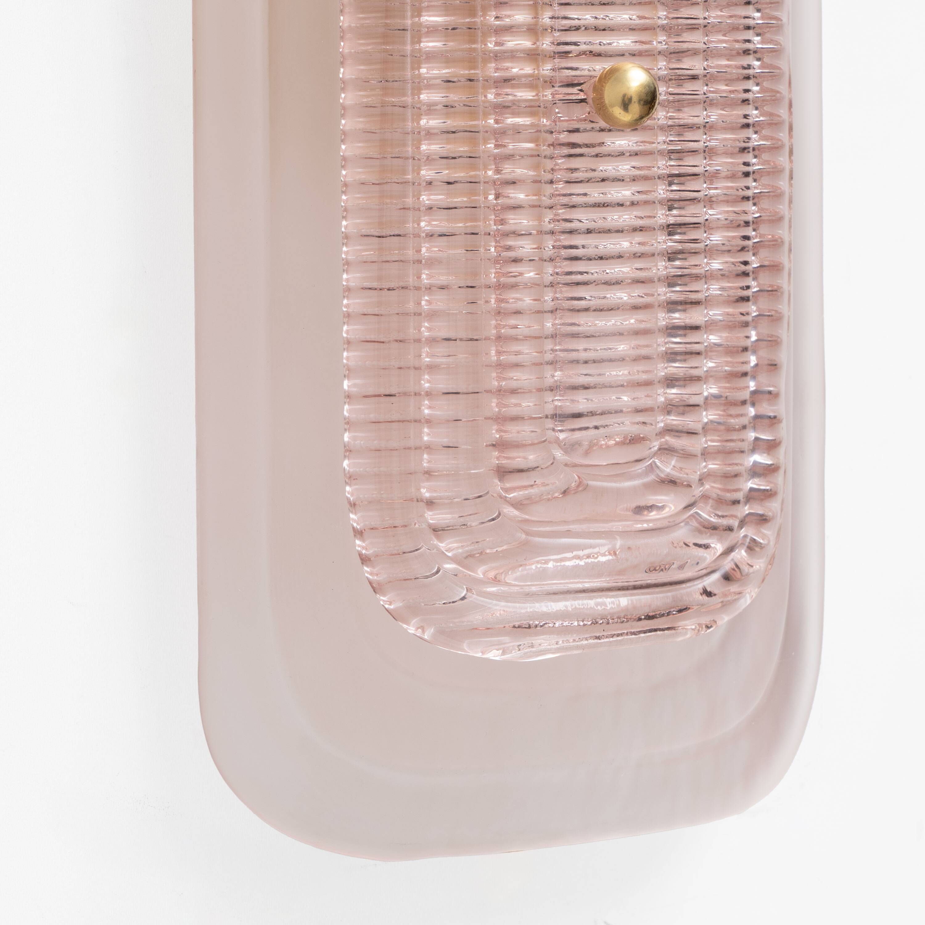 Pair of Art Deco Sconces in Matte and Glossy Pink Murano Glass and Brass