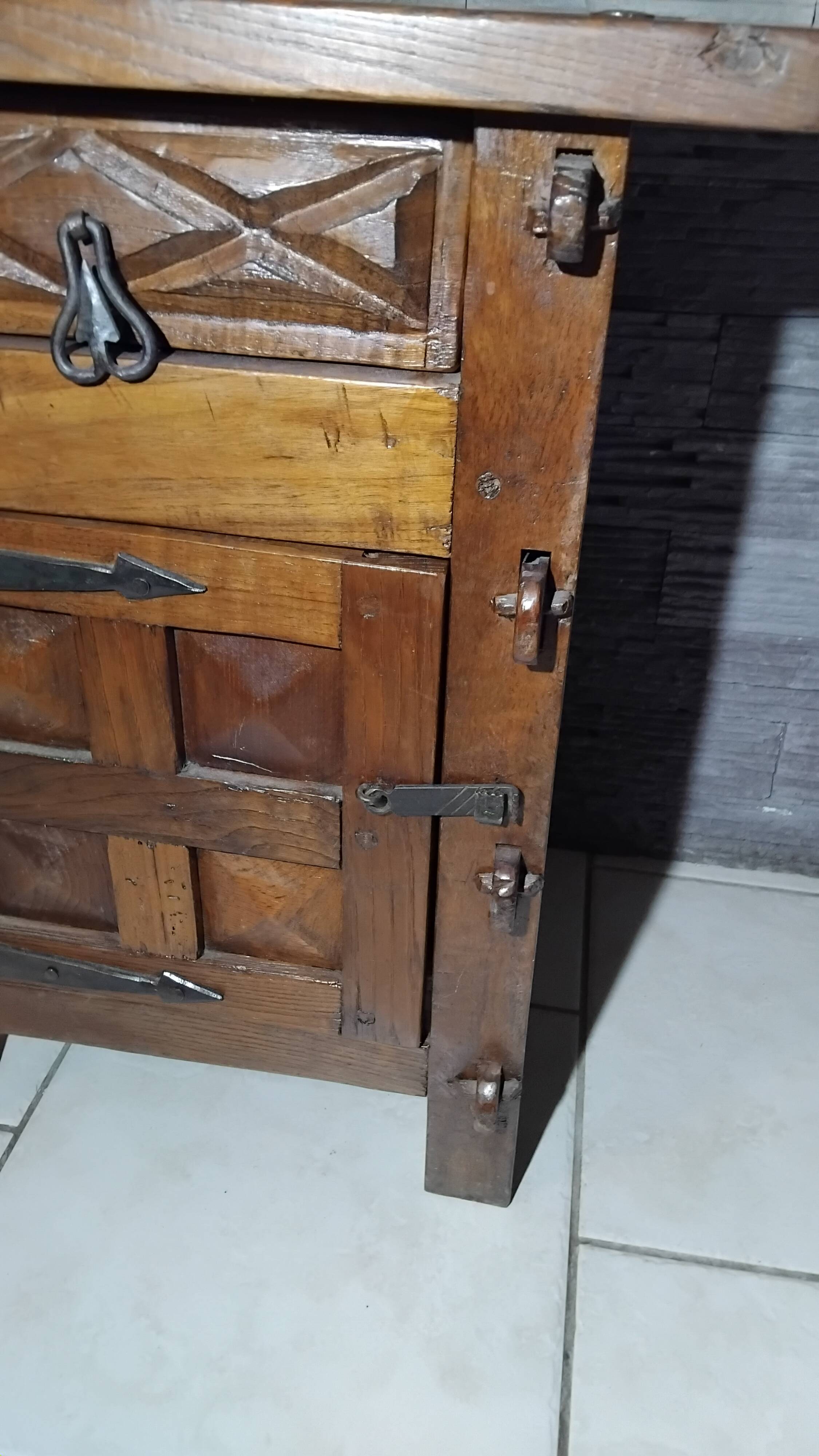 Small vintage brutalist solid oak jam cupboard with wrought iron trim