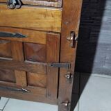 Small vintage brutalist solid oak jam cupboard with wrought iron trim