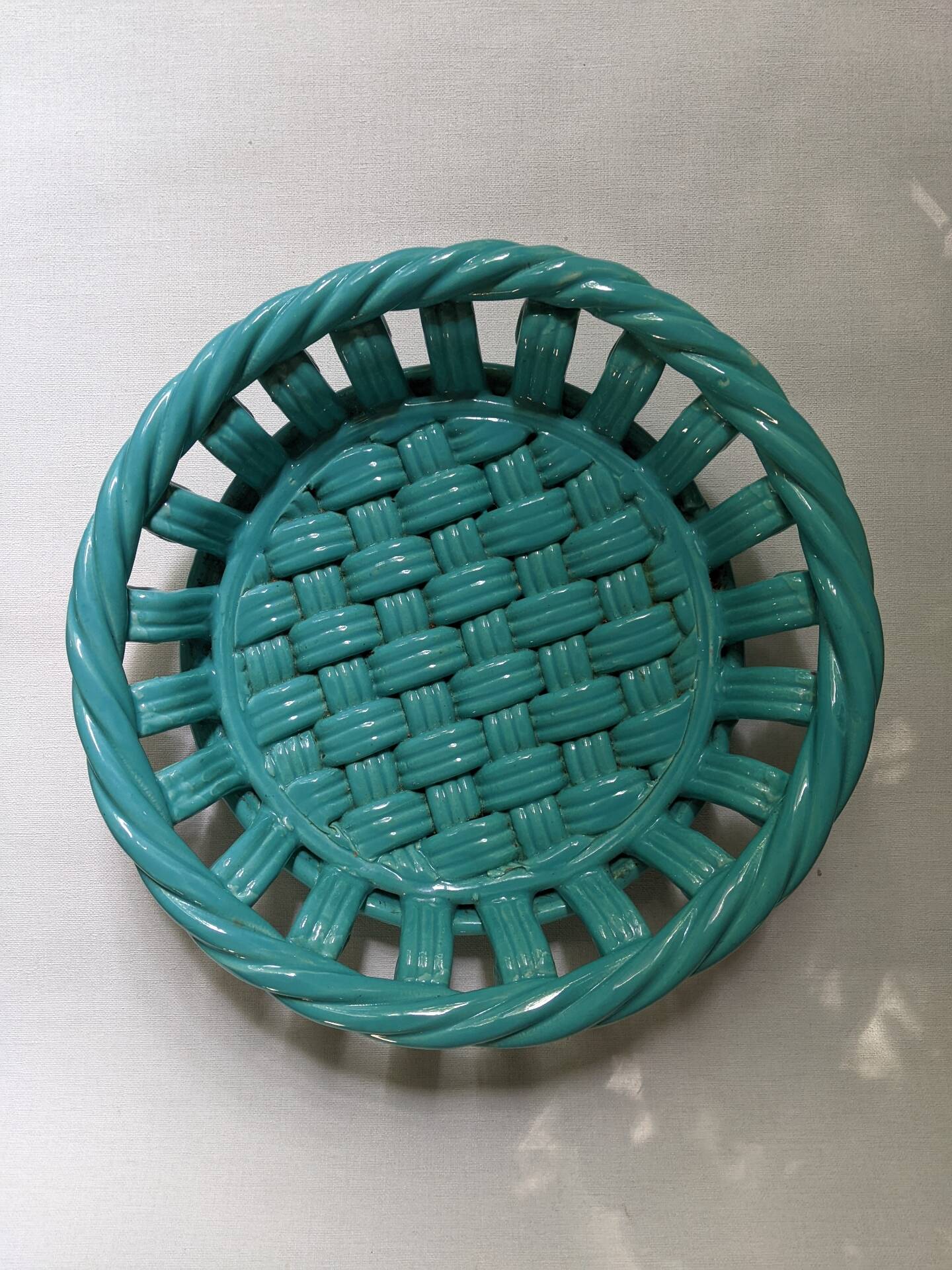 Woven ceramic fruit bowl from the 1950s