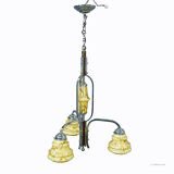 Antique Art Deco chandelier with three glass lampshades.