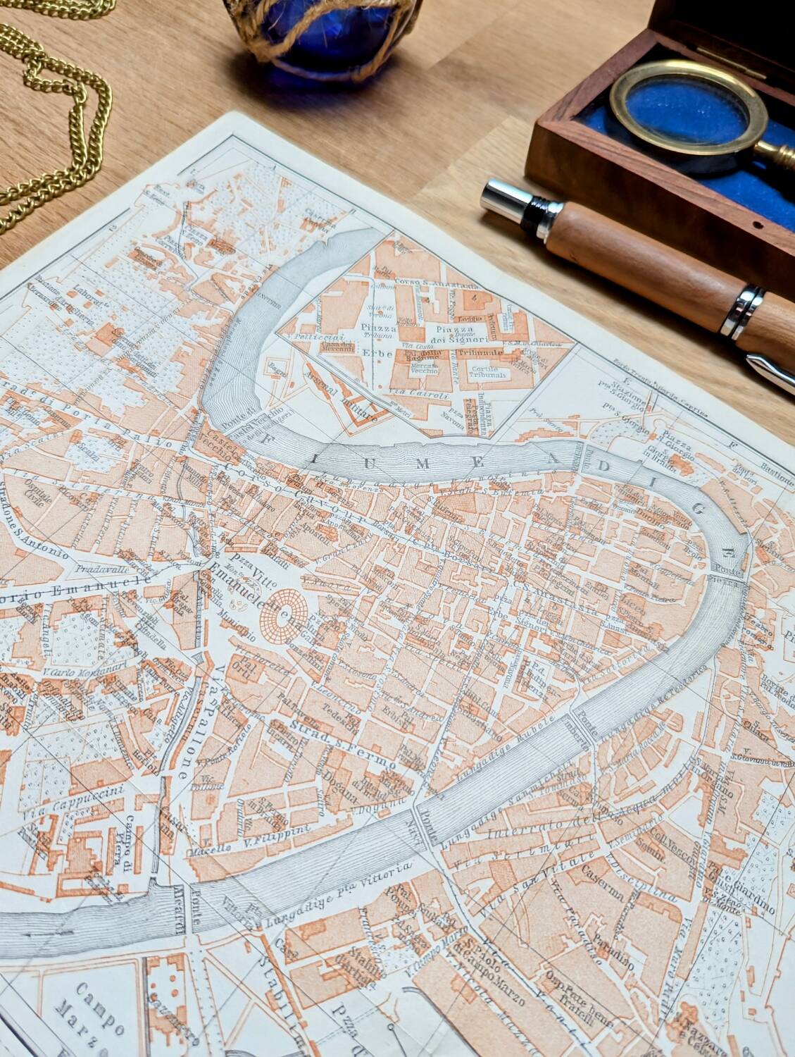 Printed in 1909, map of Verona (Verona), Veneto, Italy.