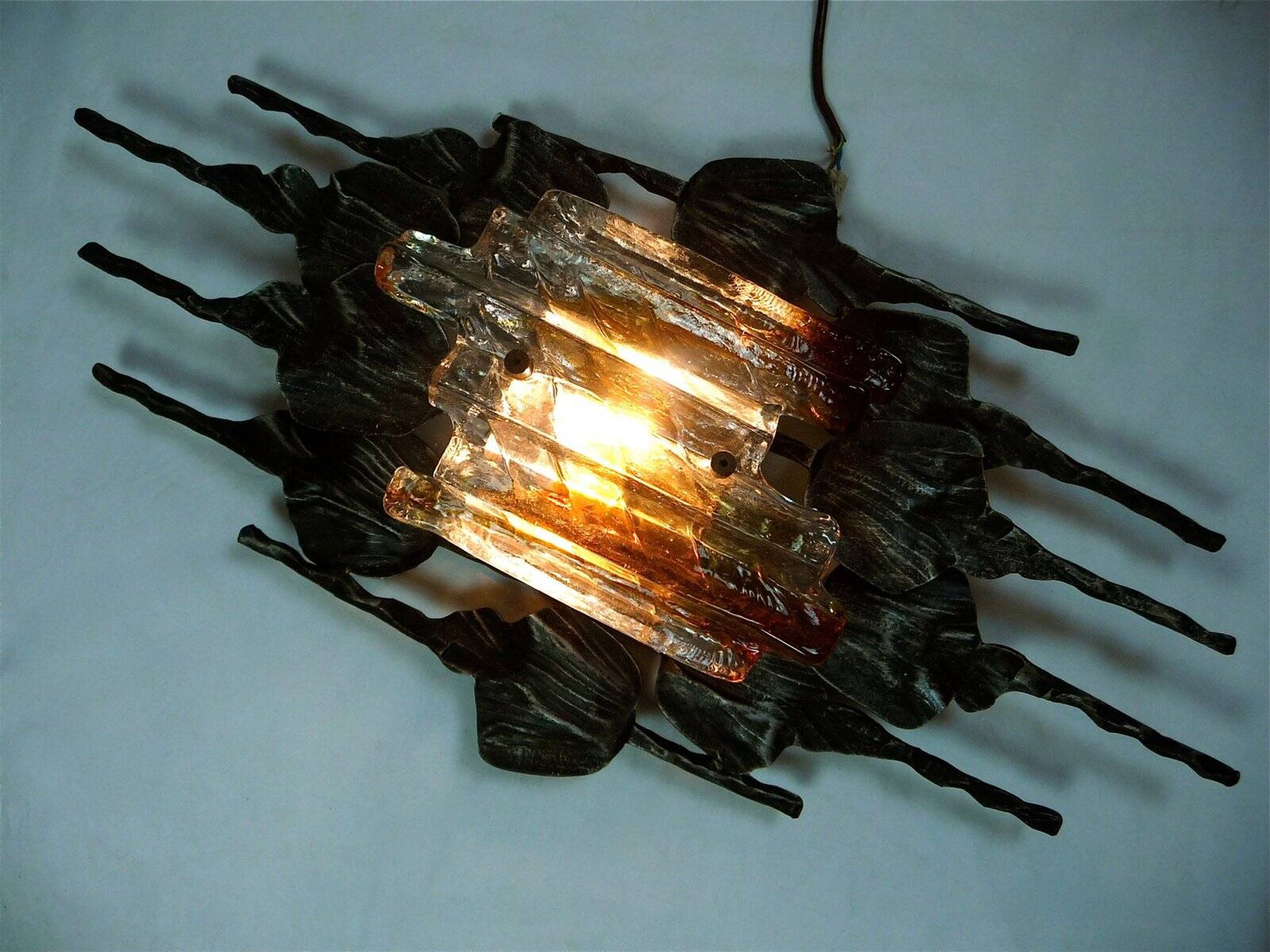 Large brutalist iron & ice Murano glass sconce / wall lamp, 1960s