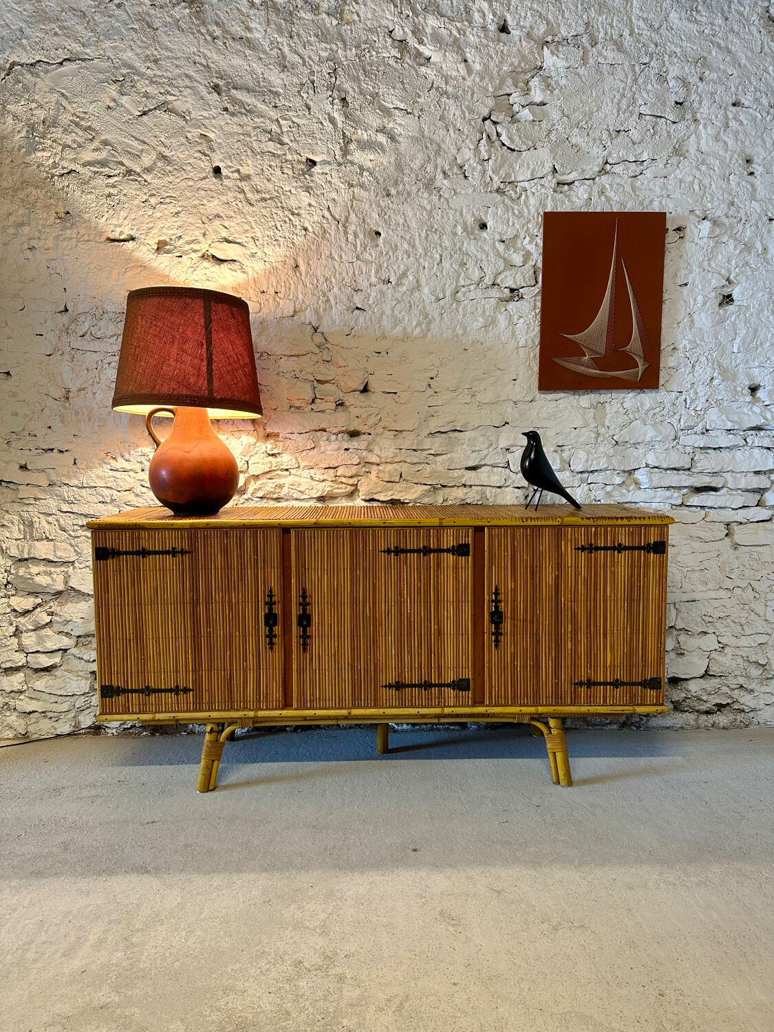 Bamboo and metal enfilade in the Audoux Minet style, 1950s.