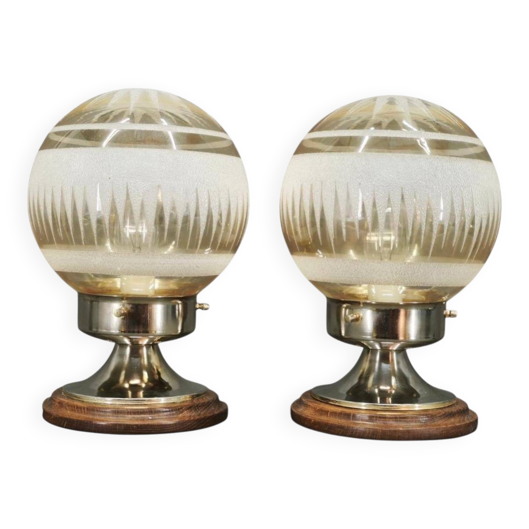 Pair of Italian Etched Glass, Chrome and Wood Table Lamps, 1950s
