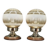 Pair of Italian Etched Glass, Chrome and Wood Table Lamps, 1950s