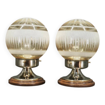 Pair of Italian Etched Glass, Chrome and Wood Table Lamps, 1950s