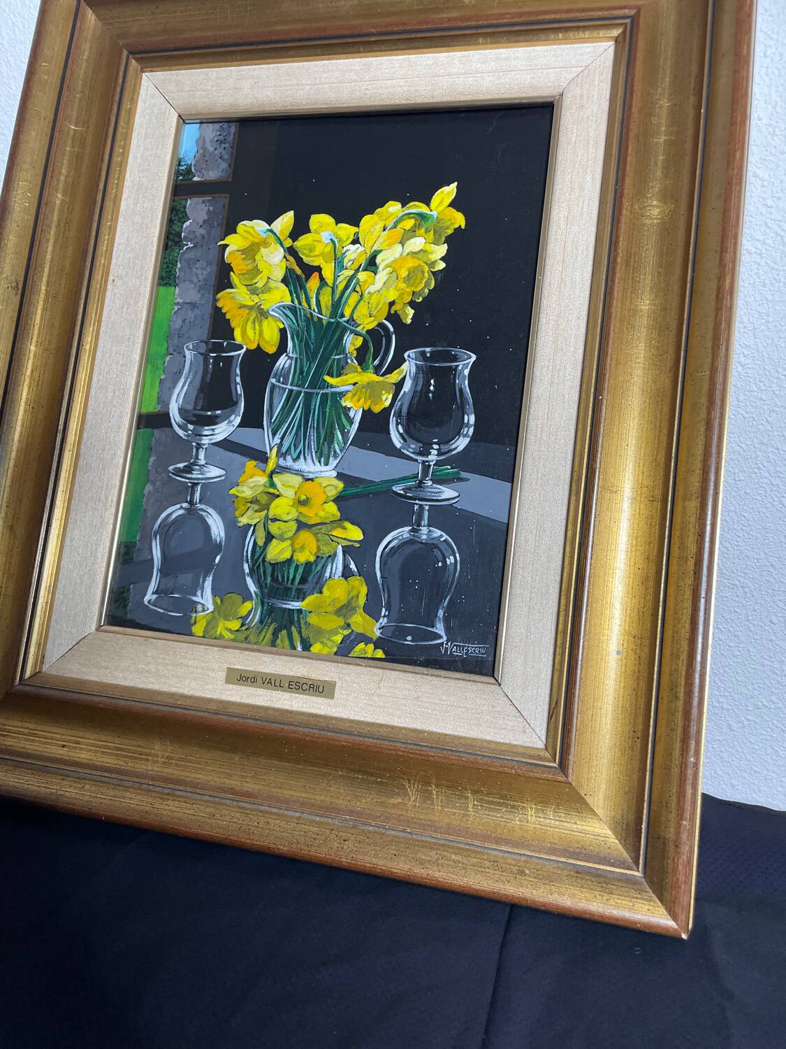 Oil on canvas signed Jordi Vall Escriu Yellow narcissus and two cups