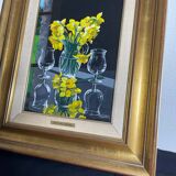 Oil on canvas signed Jordi Vall Escriu Yellow narcissus and two cups