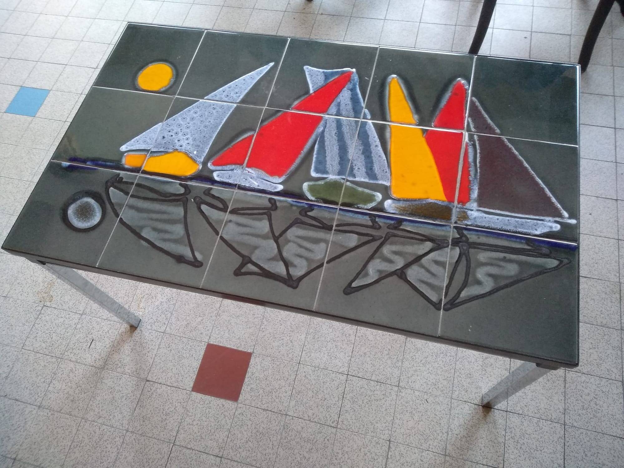 Vallauris Adri ceramic coffee table from the 60s "the sailboats"