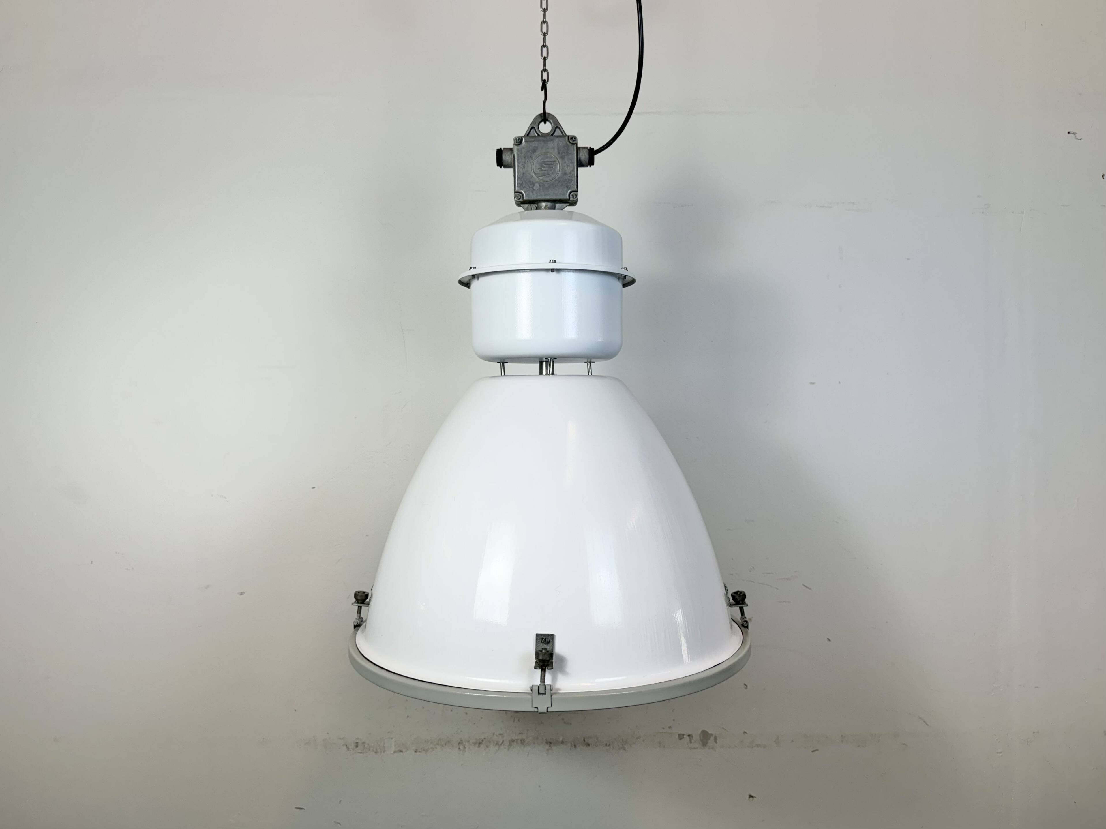 Large White Enamel Industrial Factory Lamp with Glass Cover, 1990s