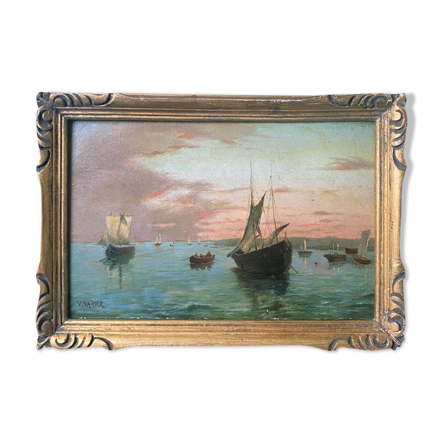 Painting "Twilight Navy" signed V. Vanier HSP mahogany XIX° + frame
