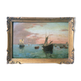 Painting "Twilight Navy" signed V. Vanier HSP mahogany XIX° + frame