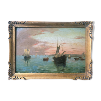 Painting "Twilight Navy" signed V. Vanier HSP mahogany XIX° + frame
