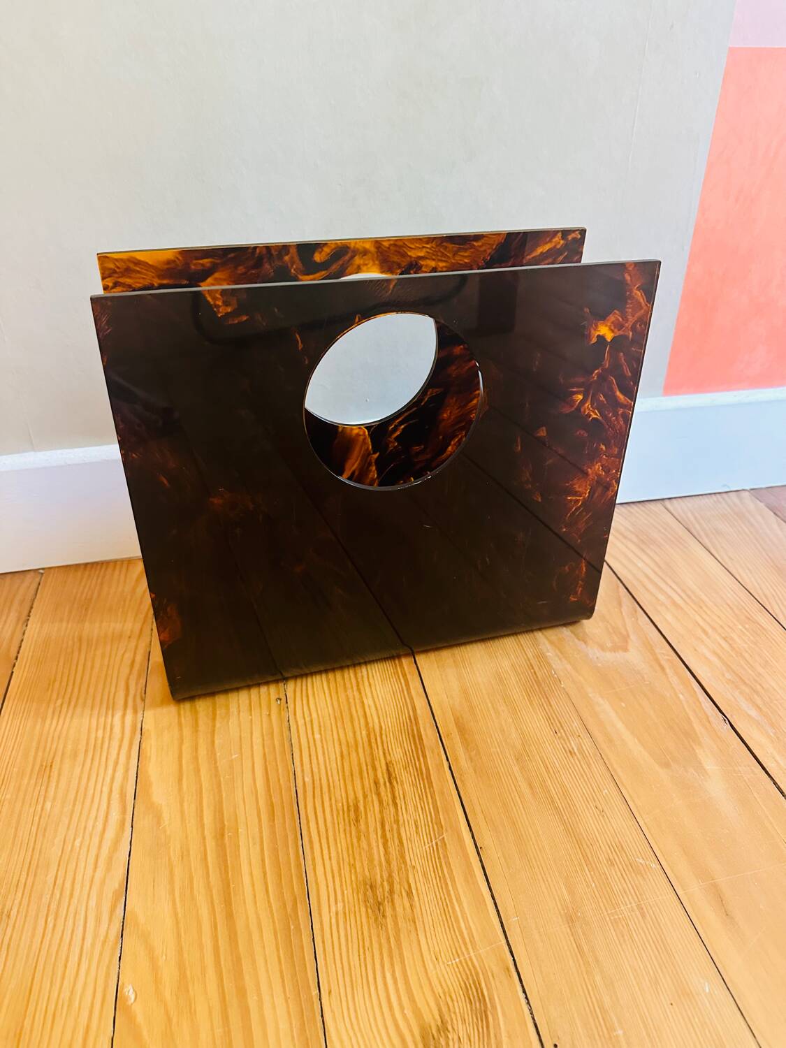 Vintage 70's lucite plexi tortoiseshell magazine rack