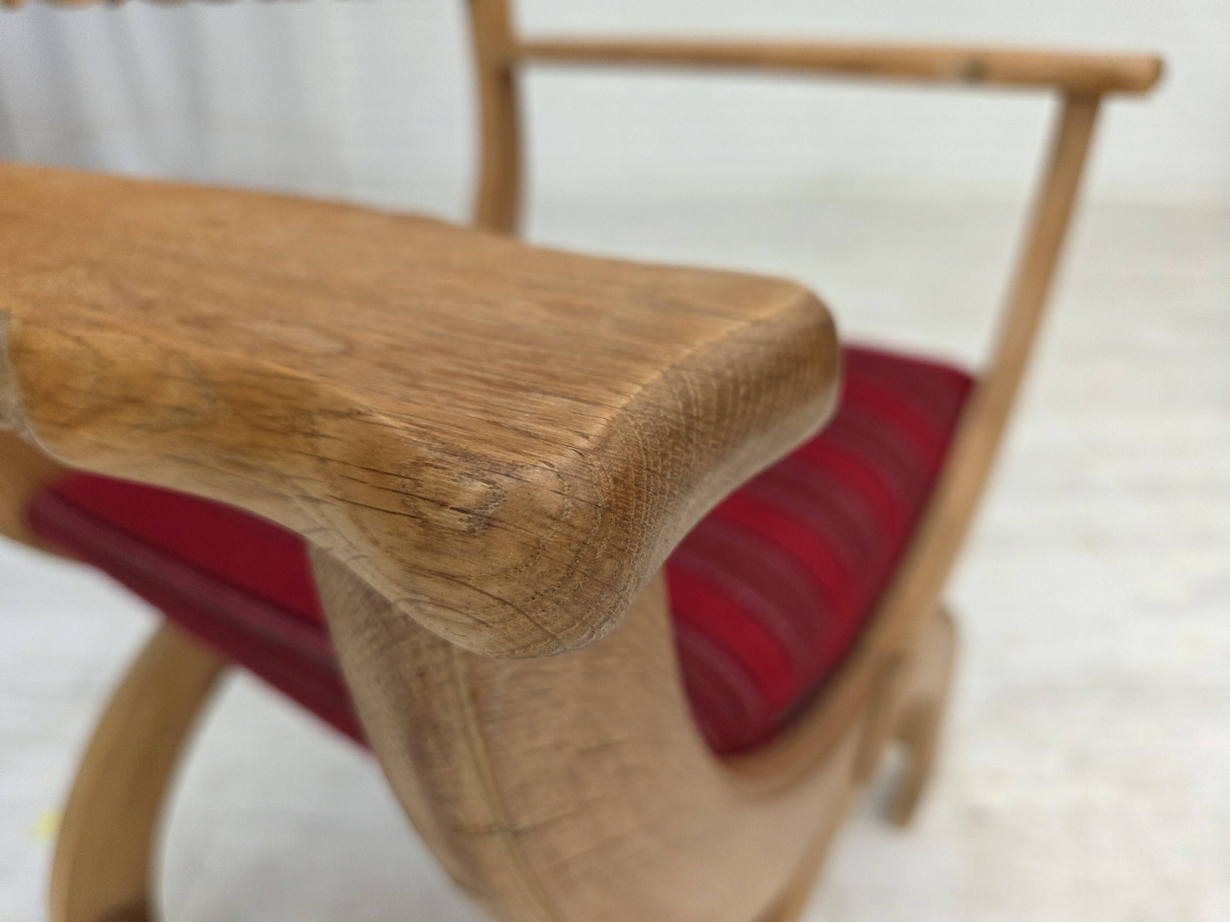 1970s, Danish armchair, original red furniture wool, solid oak wood.