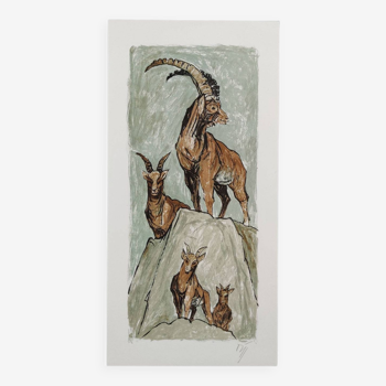 A.W. Diggelmann – Alpine Ibex Family Lithograph Print - Signed 1970s Vintage