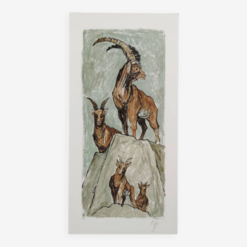 AW Diggelmann – Impression lithographique de la famille Alpine Ibex - Signé vintage des années 1970